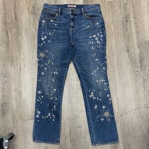 Johnny Was 29 The Boyfriend Starry Embroidered Blue Jeans